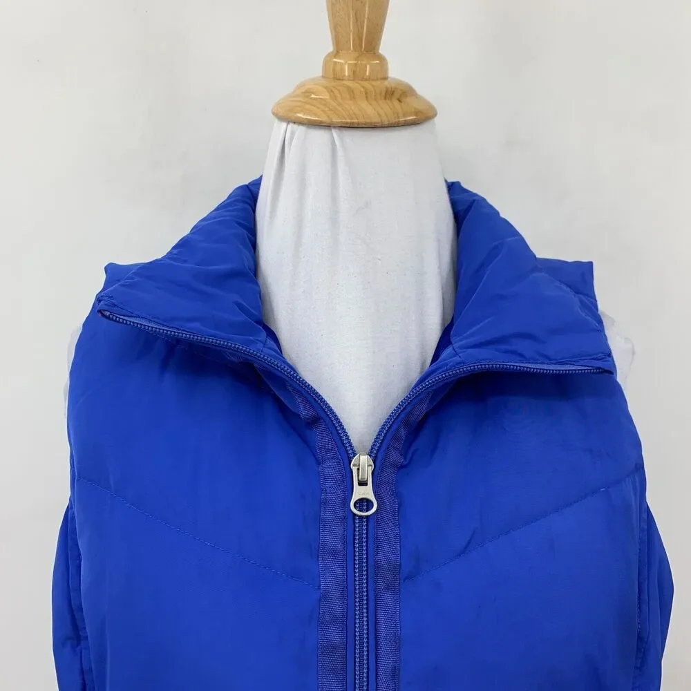 Lands End Down Puffer Vest Womens XS Extra Small Cobalt Blue Zip Up Snap Pockets
